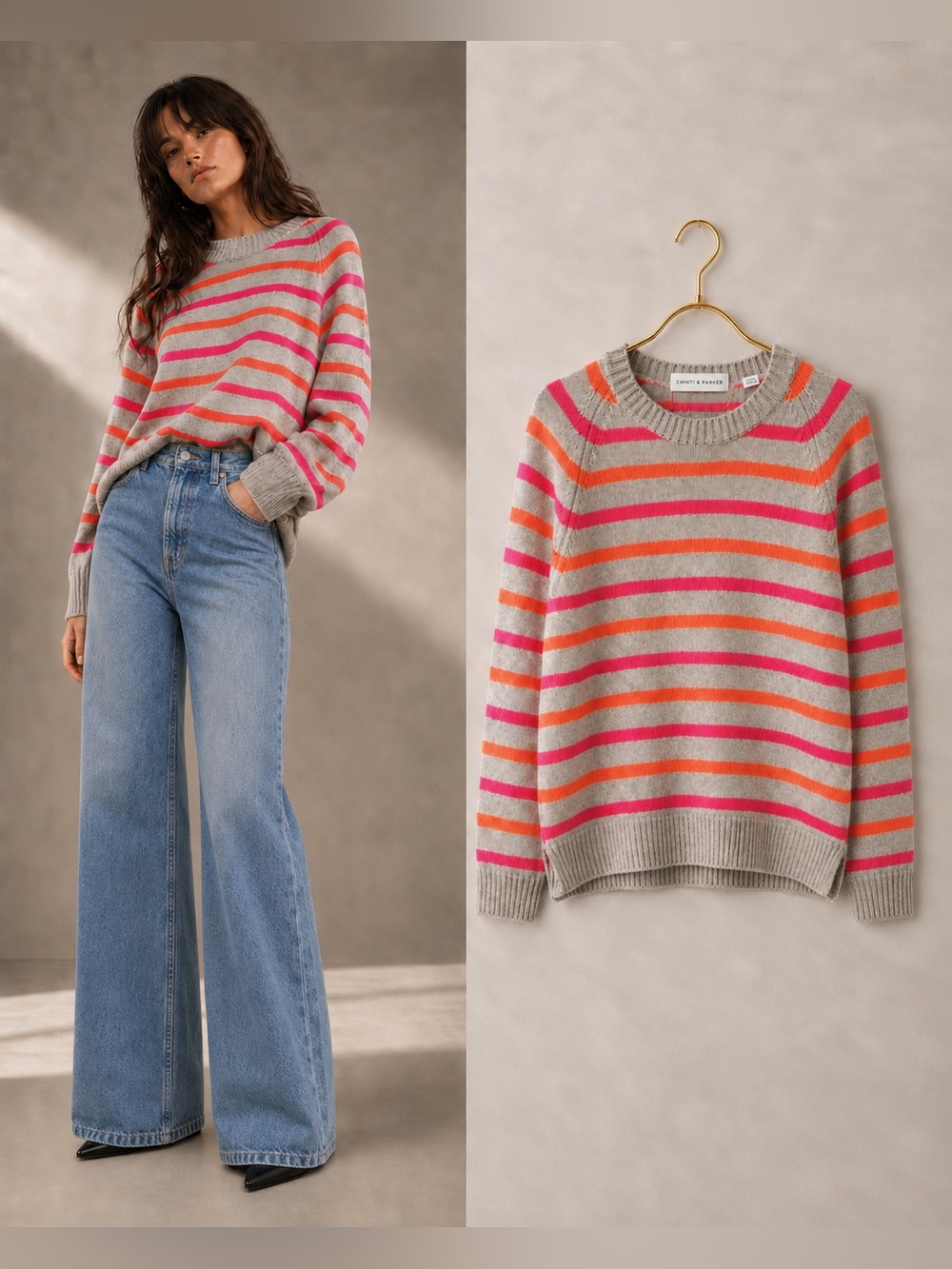 New! Chinti & Parker 100% Cashmere Striped Sweater – Neon Pink/Orange – Size M